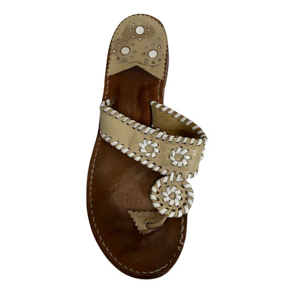 Palm Beach Co. Women's Flat Sandals Tan White Whipstitch 100% Leather Size 8 - Picture 3 of 8